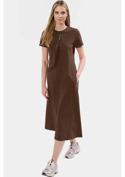 Cep Detaylı Pamuklu Örme Midi Elbise Bisiklet Yaka Rahat Kalıp Özel Tasarım Zarifane fiyatları