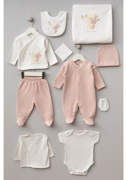 Sarılan Ayıcık Desenli 10 Parça Kutulu Yenidoğan Hastane Çıkışı Zıbın Seti