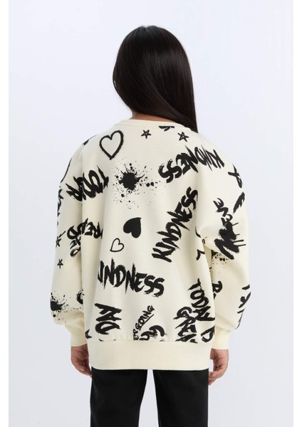 Kız Çocuk 2'li Takım Desenli Kalın Bisiklet Yaka Sweatshirt Beli Lastikli Eşofman Altı D4871A824WN