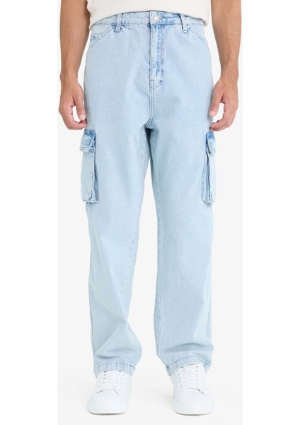 %100 Pamuk Baggy Fit Geniş Kalıp Normal Bel Geniş Paça Kargo Cepli Jean Pantolon C7376AX24AU