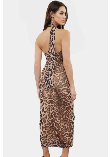 Yazlık Kolsuz Bodycon Tül Elbise Leopar Desenli Midi Boy Astarlı Mükemmel Uyum Premium Kalite