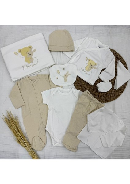 Sarılan Ayıcık Desenli 10 Parça Kutulu Yenidoğan Hastane Çıkışı Zıbın Seti