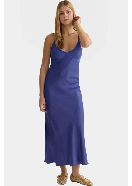 Zarif V Yaka Saten Maxi Elbise Dokuma Kumaş Düz Kesim Yazlık Mükemmel Uyum Profesyonel Görünüm fiyatları