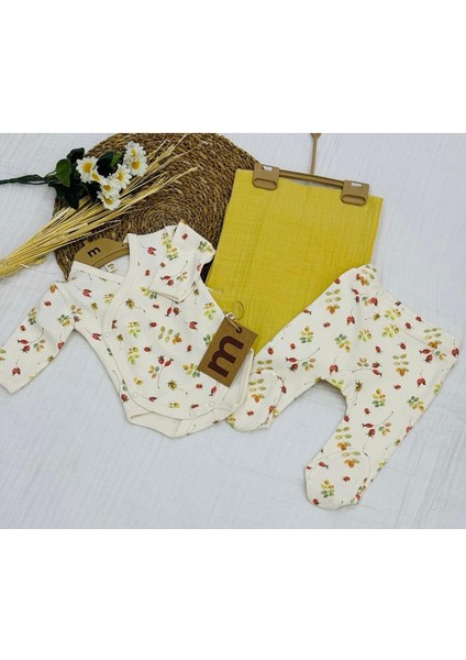 Baskılı Çıtçıtlı Badi, Alt ve Müslin Battaniyeli Yenidoğan Bebek 3lü Set