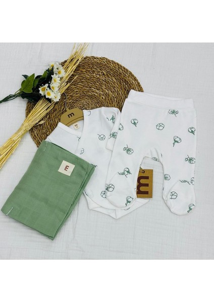 Baskılı Çıtçıtlı Badi, Alt ve Müslin Battaniyeli Yenidoğan Bebek 3lü Set