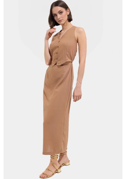 A Kesim Kolsuz Midi Elbise Dokuma Kumaş Yazlık Şık Modern Stil Görünüm