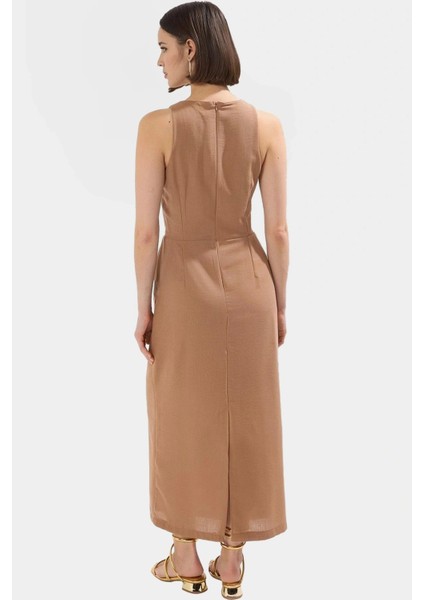 A Kesim Kolsuz Midi Elbise Dokuma Kumaş Yazlık Şık Modern Stil Görünüm fiyatları