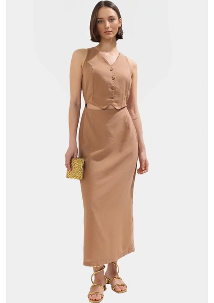 A Kesim Kolsuz Midi Elbise Dokuma Kumaş Yazlık Şık Modern Stil Görünüm modelleri