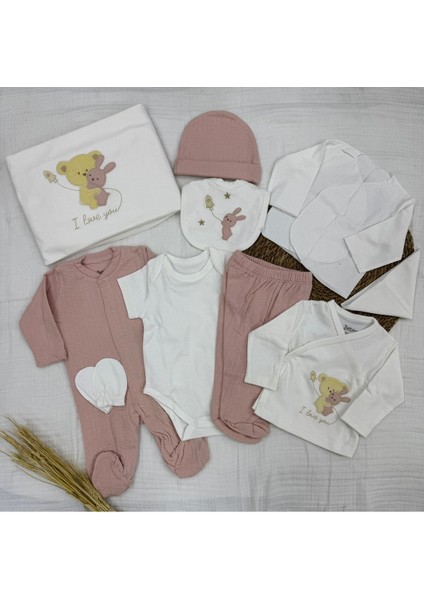 Sarılan Ayıcık Desenli 10 Parça Kutulu Yenidoğan Hastane Çıkışı Zıbın Seti