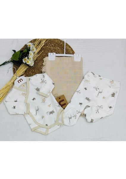 Baskılı Çıtçıtlı Badi, Alt ve Müslin Battaniyeli Yenidoğan Bebek 3lü Set
