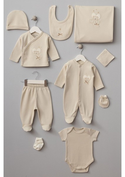 Kalpli Ayı Desenli 10 Parça Kutulu Yenidoğan Hastane Çıkışı Zıbın Seti