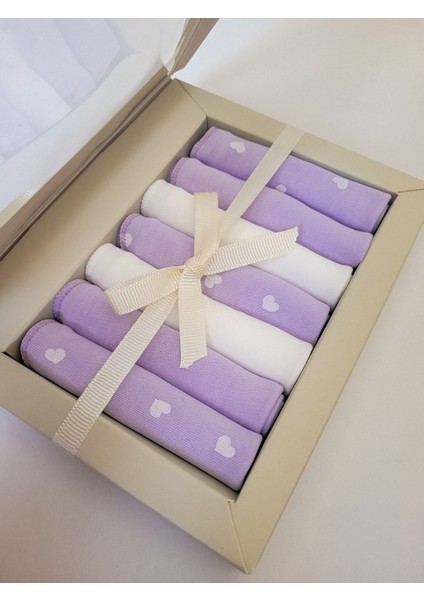 Bebek Penye Mendil Pamuklu Ağız Mendili Kaliteli 18x18 cm Mor ve Beyaz Desenli