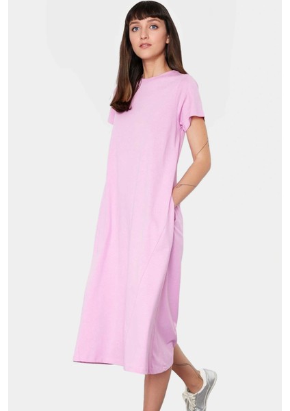 Cep Detaylı Pamuklu Örme Midi Elbise Bisiklet Yaka Rahat Kalıp Özel Tasarım Zarifane fiyatları