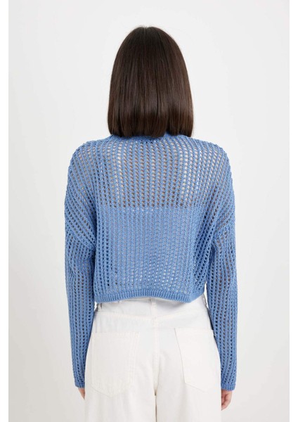 Regular Fit Bisiklet Yaka Kroşe Ajurlu Delikli Crop Triko Kazak T4513AZ24AU