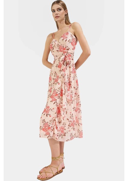 A Line Midi Elbise Şifon Dokuma V Yaka Kuşaklı Soyut Desen Profesyonel Görünüm