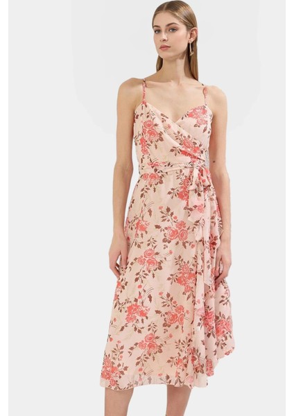 A Line Midi Elbise Şifon Dokuma V Yaka Kuşaklı Soyut Desen Profesyonel Görünüm fiyatları