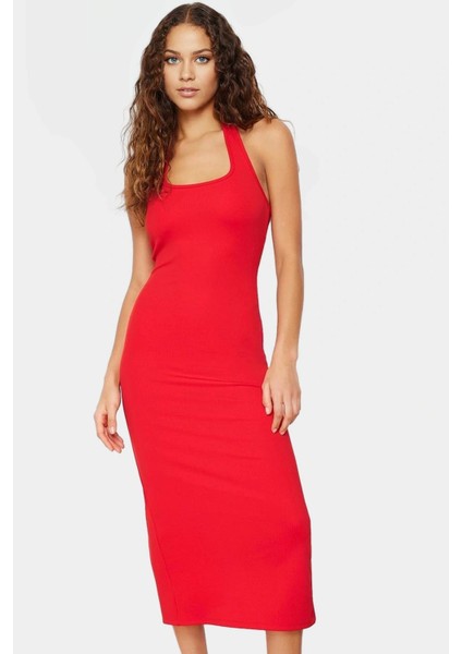 Örme Bodycon Midi Elbise 130CM Boy Polyester Elastan Karışımı Günlük Kullanım Özenle Seçilmiş