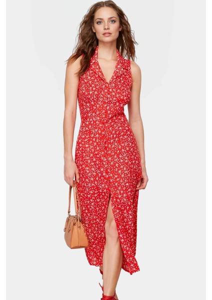 Kolsuz Midi Boy Gömlek Elbise Dokuma Viskoz Kumaş Rahat Yazlık Çiçekli Yüksek Kalite