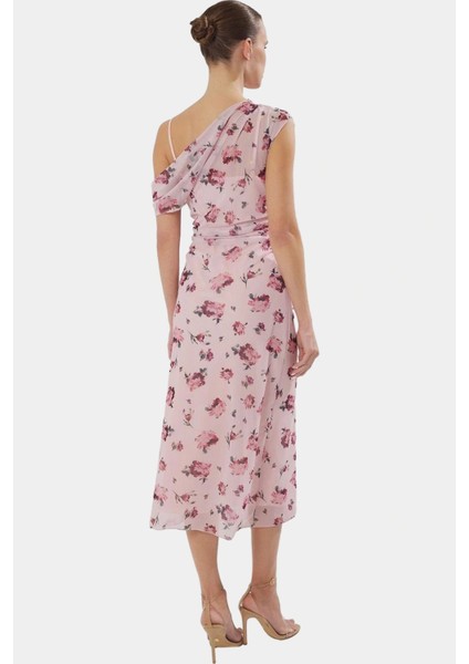 Bodycon Midi Tül Elbise Şık Asimetrik Yaka ve Çiçek Desen Uzun Ömürlü Özenle Seçilmiş