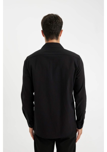 Modern Fit Modern Kesim Krinkıl Kumaş Gofre Desenli Uzun Kollu Gömlek D5187AX24AU