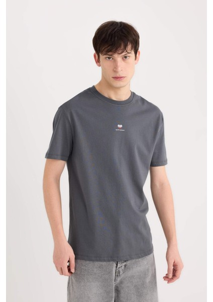 %100 Pamuk Bisiklet Yaka Kalp Baskılı Kısa Kollu Tişört D5156AX25SP