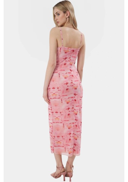 Zebra Desenli V Yaka Astarlı Maxi Elbise Bodycon Kesim Örme Tül Kumaş Trend Tasarım Rahat Kullanım