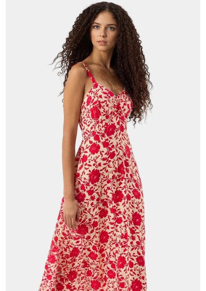 Viskoz Dokuma Çiçekli Skater Elbise Rahat Yazlık Stil Midi Boy V Yaka Premium Kalite