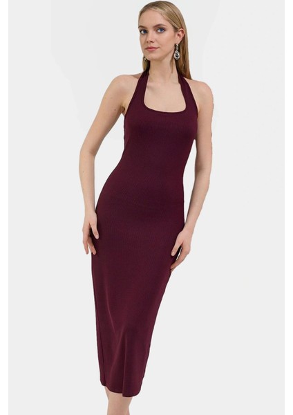 Örme Bodycon Midi Elbise 130CM Boy Polyester Elastan Karışımı Günlük Kullanım Özenle Seçilmiş