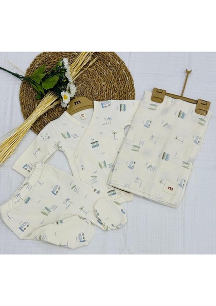 Baskılı Çıtçıtlı Badi, Alt ve Müslin Battaniyeli Yenidoğan Bebek 3lü Set