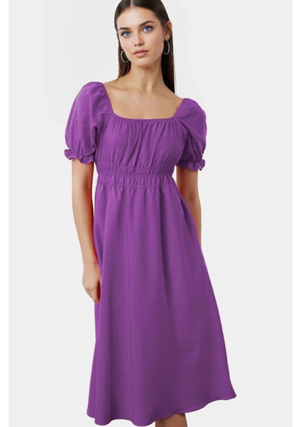 Midi Boy Kadın Terrycotton Skater Elbise Kare Yaka Kısa Kollu Rahat Kesim Yüksek Kalite