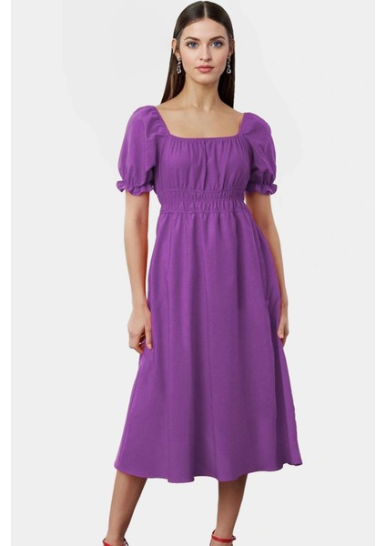 Midi Boy Kadın Terrycotton Skater Elbise Kare Yaka Kısa Kollu Rahat Kesim Yüksek Kalite fiyatları