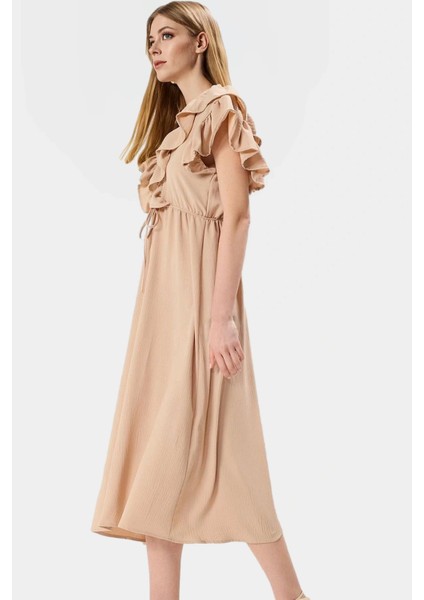 Polyester Aerobin Dokuma Elbise Midi Boy Volan Detay Lastikli Bel Profesyonel Görünüm