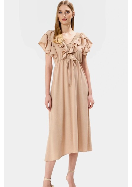 Polyester Aerobin Dokuma Elbise Midi Boy Volan Detay Lastikli Bel Profesyonel Görünüm fiyatları