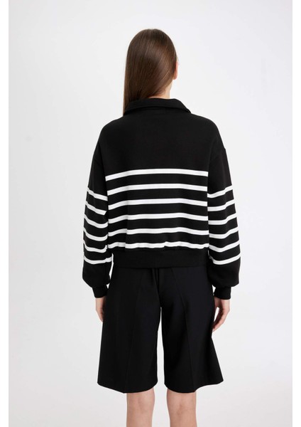 Regular Fit Yarım Fermuarlı Dik Yaka Çizgili Kalın Sweatshirt D5297AX24AU