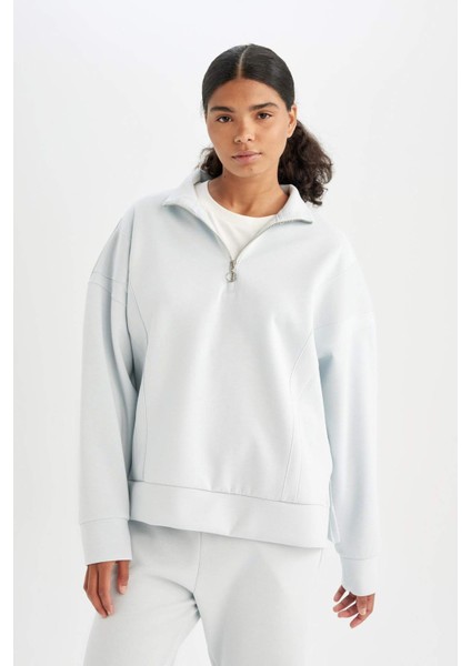 Fit Oversize Geniş Kalıp Fermuarlı Dik Yaka Skuba Dalgıç Kumaş Sporcu Basic Düz Sweatshirt C9404AX24AU