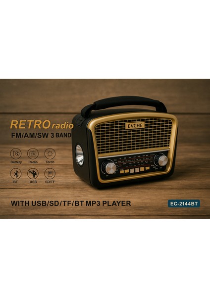 Evcher EC-2144BT Retro Radyo - Bluetooth Özellikli, Usb/sd Girişli, Fm/am/sw 3 Bant, LED Fenerli Mp3 Çalar modelleri