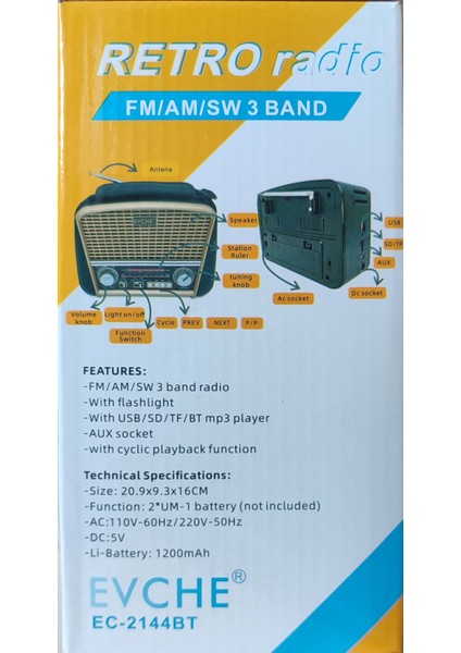 Evcher EC-2144BT Retro Radyo - Bluetooth Özellikli, Usb/sd Girişli, Fm/am/sw 3 Bant, LED Fenerli Mp3 Çalar indirimleri