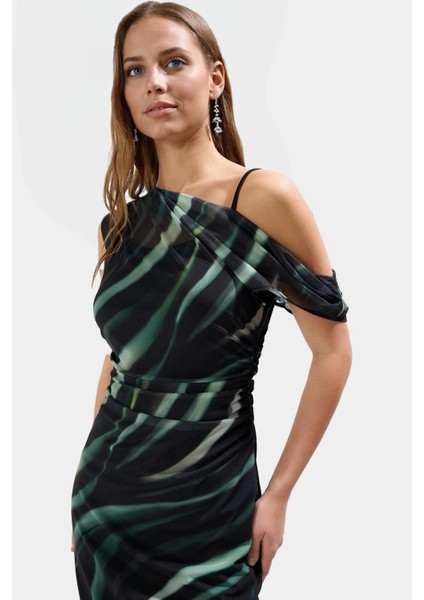 Bodycon Midi Tül Elbise Şık Asimetrik Yaka ve Çiçek Desen Uzun Ömürlü Özenle Seçilmiş