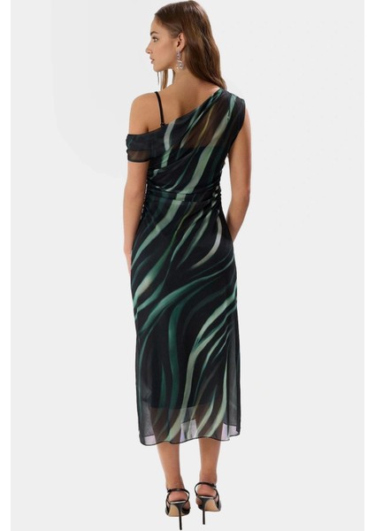 Bodycon Midi Tül Elbise Şık Asimetrik Yaka ve Çiçek Desen Uzun Ömürlü Özenle Seçilmiş fiyatları