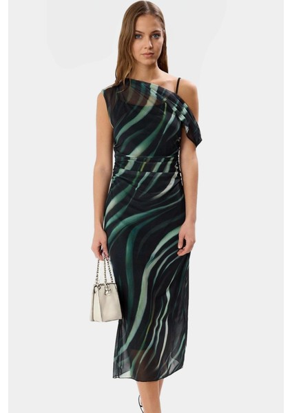 Bodycon Midi Tül Elbise Şık Asimetrik Yaka ve Çiçek Desen Uzun Ömürlü Özenle Seçilmiş modelleri