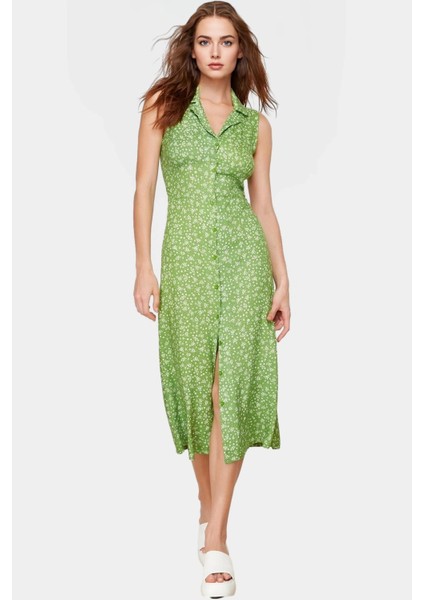 Kolsuz Midi Boy Gömlek Elbise Dokuma Viskoz Kumaş Rahat Yazlık Çiçekli Yüksek Kalite