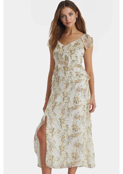 Çiçek Desenli A Line Maxi Elbise Şifon Kumaş Rahat Kalıp Yazlık Modern Stil Özel Tasarım