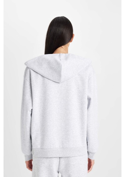 Relax Fit Kapüşonlu Cepli Basic Düz Fermuarlı Sweatshirt C1809AX24WN