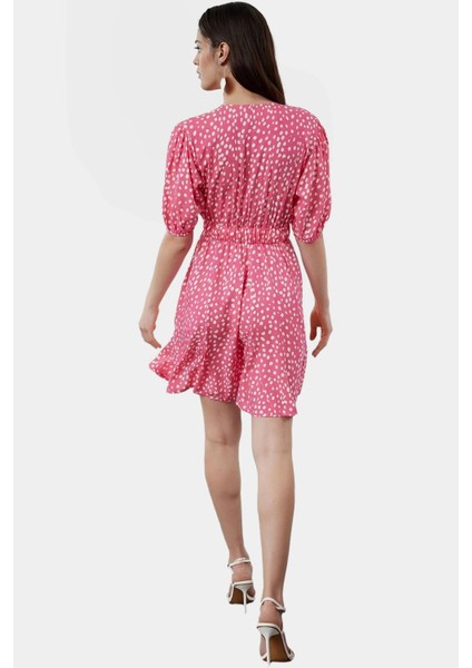 Shally Dokuma Mini Elbise V Yaka Kısa Kollu Çiçek Desenli Rahat Seçkin Malzeme Modern Stil