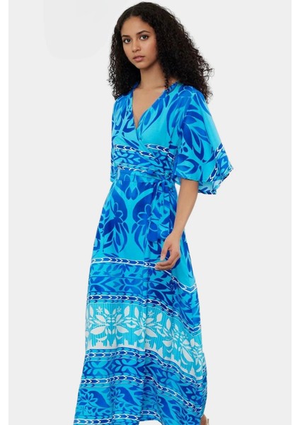 Rahat ve Şık Çok Etnik Desenli Viskoz Midi Elbise Kruvaze Yaka Premium Kalite Görünüm fiyatları
