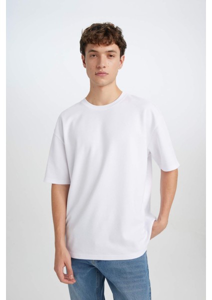 Oversize Geniş Kalıp Ütü Gerektirmeyen Bisiklet Yaka Kısa Kollu Basic Düz Ağır Kumaş Beyaz Tişört X3926AZ25SP