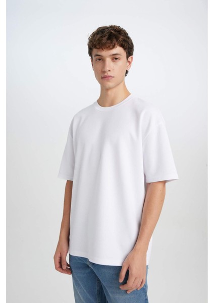 Oversize Geniş Kalıp Ütü Gerektirmeyen Bisiklet Yaka Kısa Kollu Basic Düz Ağır Kumaş Beyaz Tişört X3926AZ25SP
