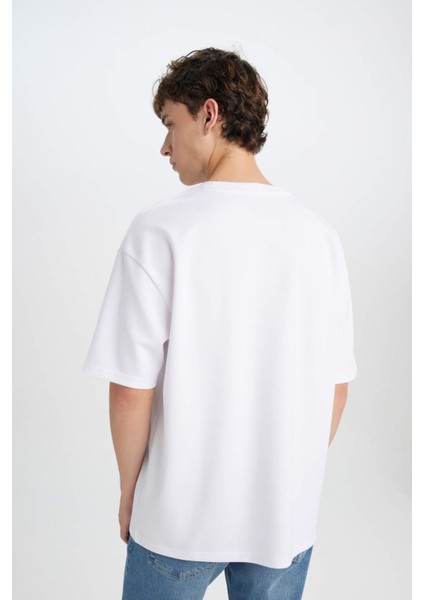 Oversize Geniş Kalıp Ütü Gerektirmeyen Bisiklet Yaka Kısa Kollu Basic Düz Ağır Kumaş Beyaz Tişört X3926AZ25SP