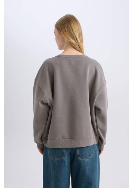 Coool Oversize Geniş Kalıp Bisiklet Yaka Baskılı Kalın Sweatshirt D5385AX24AU