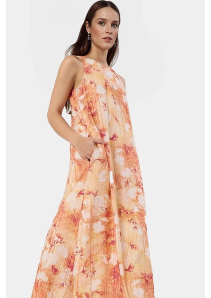 Rahat Günlük Maxi Elbise Dokuma Polyester Kumaş Tropikal Desenli Yazlık Yüksek Kalite Trend Tasarım